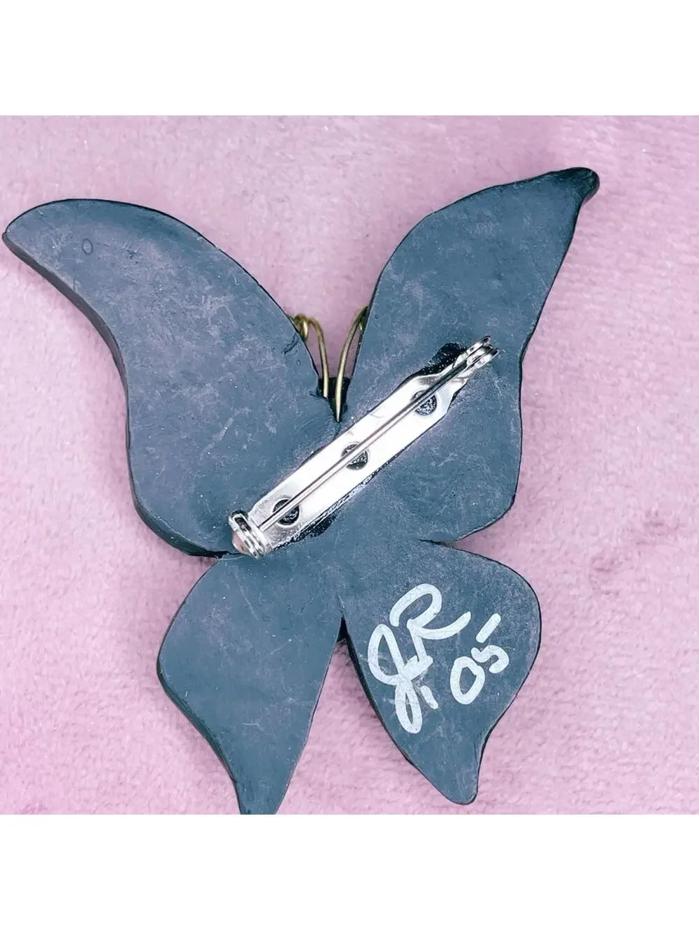 691. Terra Cotta and Black Butterfly Brooch Insect Clay